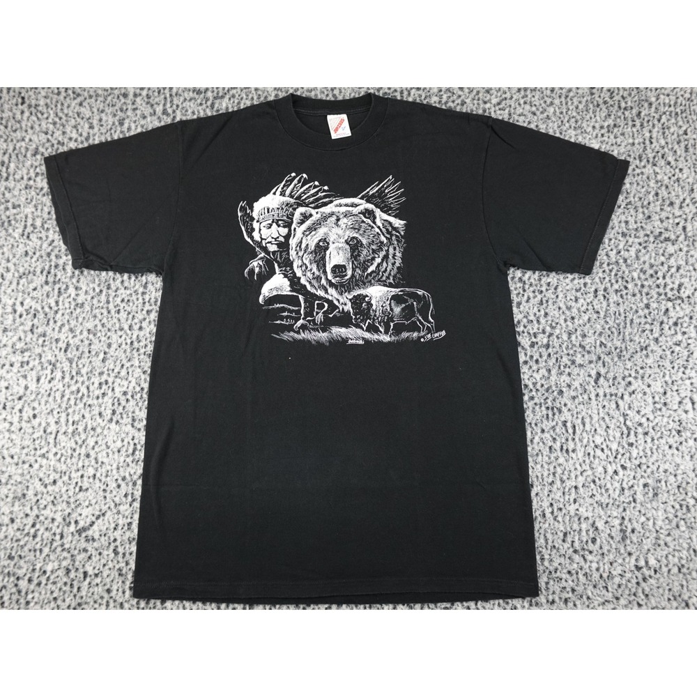 Jerzees Graphic Tee Mens‎ L Black Good Native American Wildlife Sue Chaffee USA